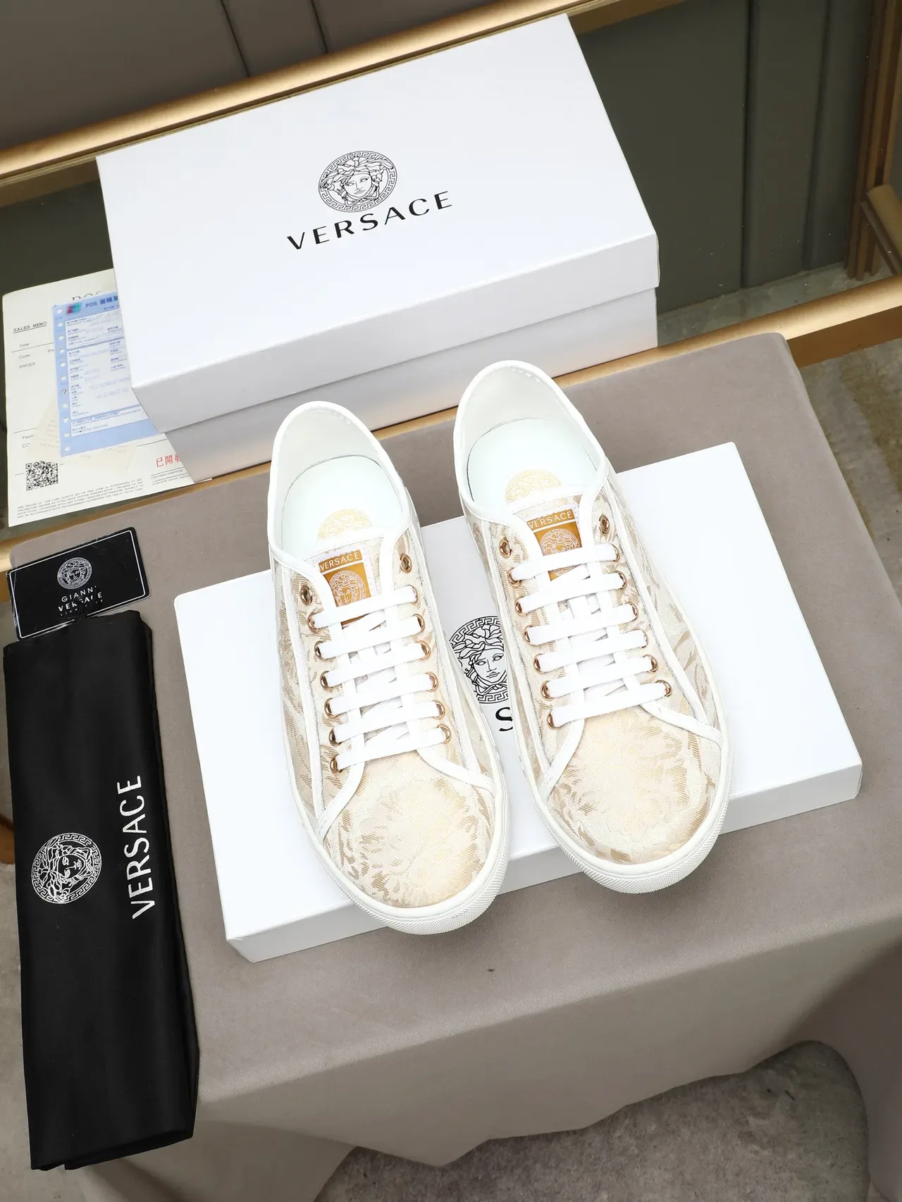 Versace White Beige Jacquard Floral Upper Greek Key Sole Lifestyle Sneakers 2