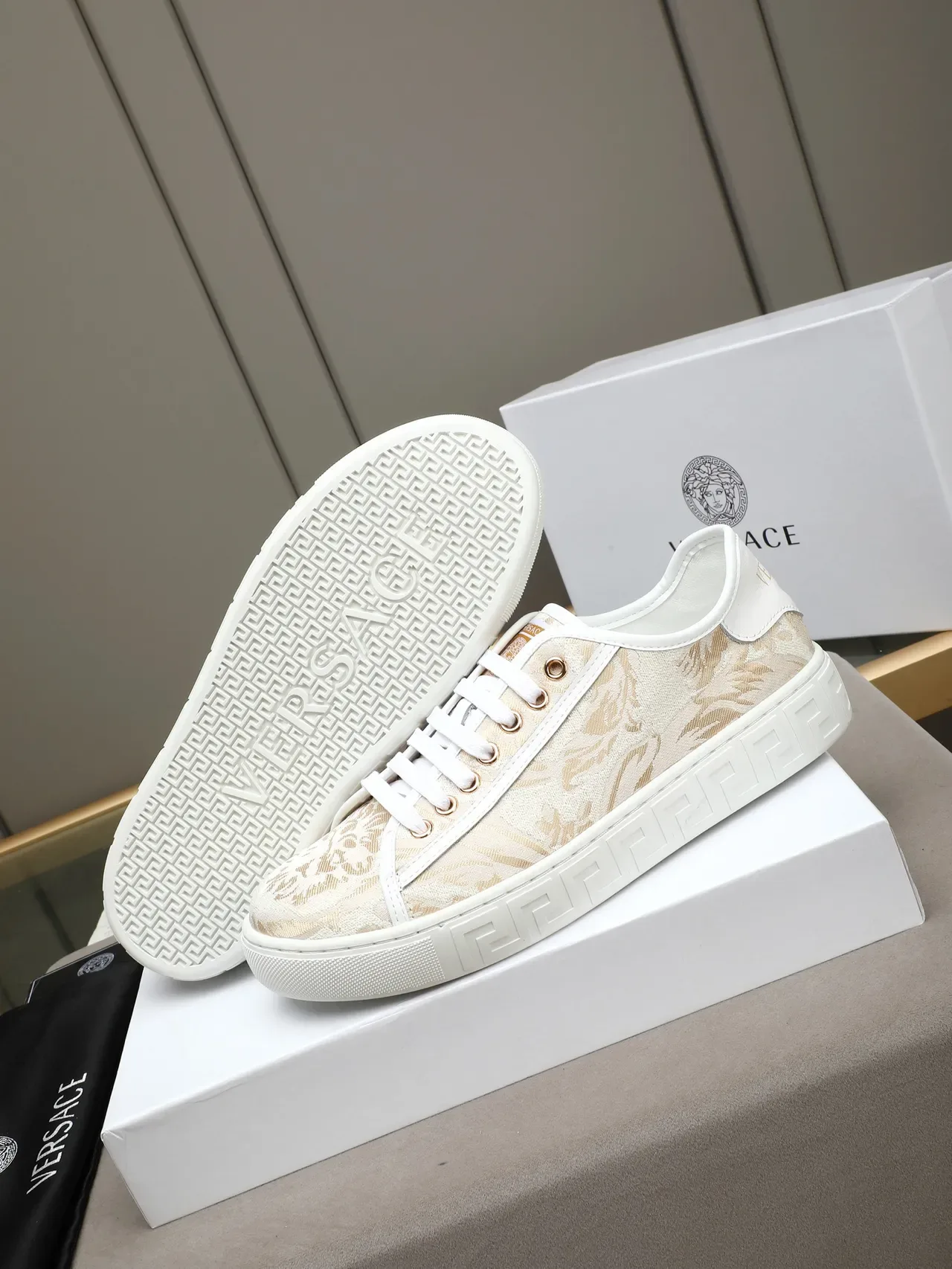 Versace White Beige Jacquard Floral Upper Greek Key Sole Lifestyle Sneakers 4