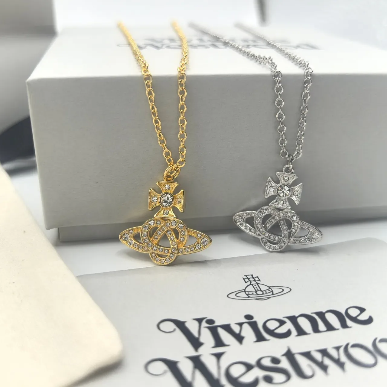Vivienne Westwood Orb Pendant Necklace Gold and Silver Crystal Necklaces 9