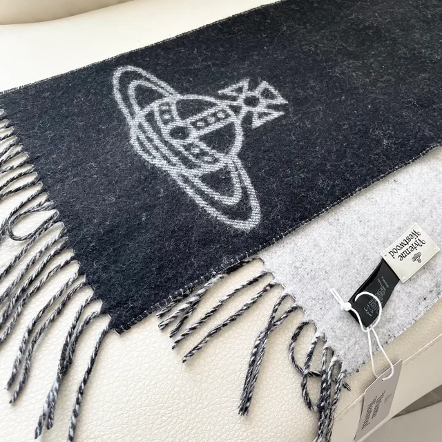 Vivienne Westwood Orb স্কার্ফ কালো সাদা এমব্রয়ডারি লোগো ফ্রিঞ্জ এজ ক্যাশমিয়ার স্কার্ফ 3