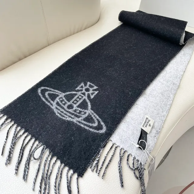 Vivienne Westwood Orb স্কার্ফ কালো সাদা এমব্রয়ডারি লোগো ফ্রিঞ্জ এজ ক্যাশমিয়ার স্কার্ফ 5