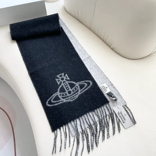 Vivienne Westwood Orb স্কার্ফ কালো সাদা এমব্রয়ডারি লোগো ফ্রিঞ্জ এজ ক্যাশমিয়ার স্কার্ফ 6