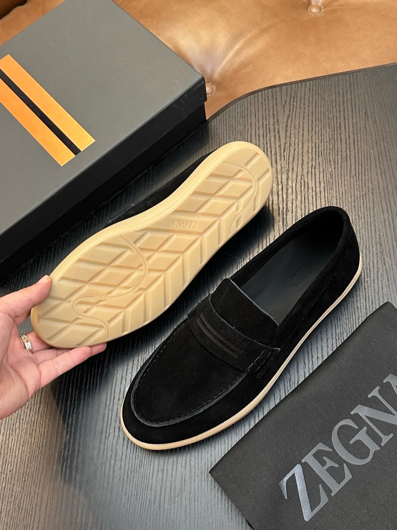 Zegna Noir Beige Daim Supérieur Penny Strap Loafer 3