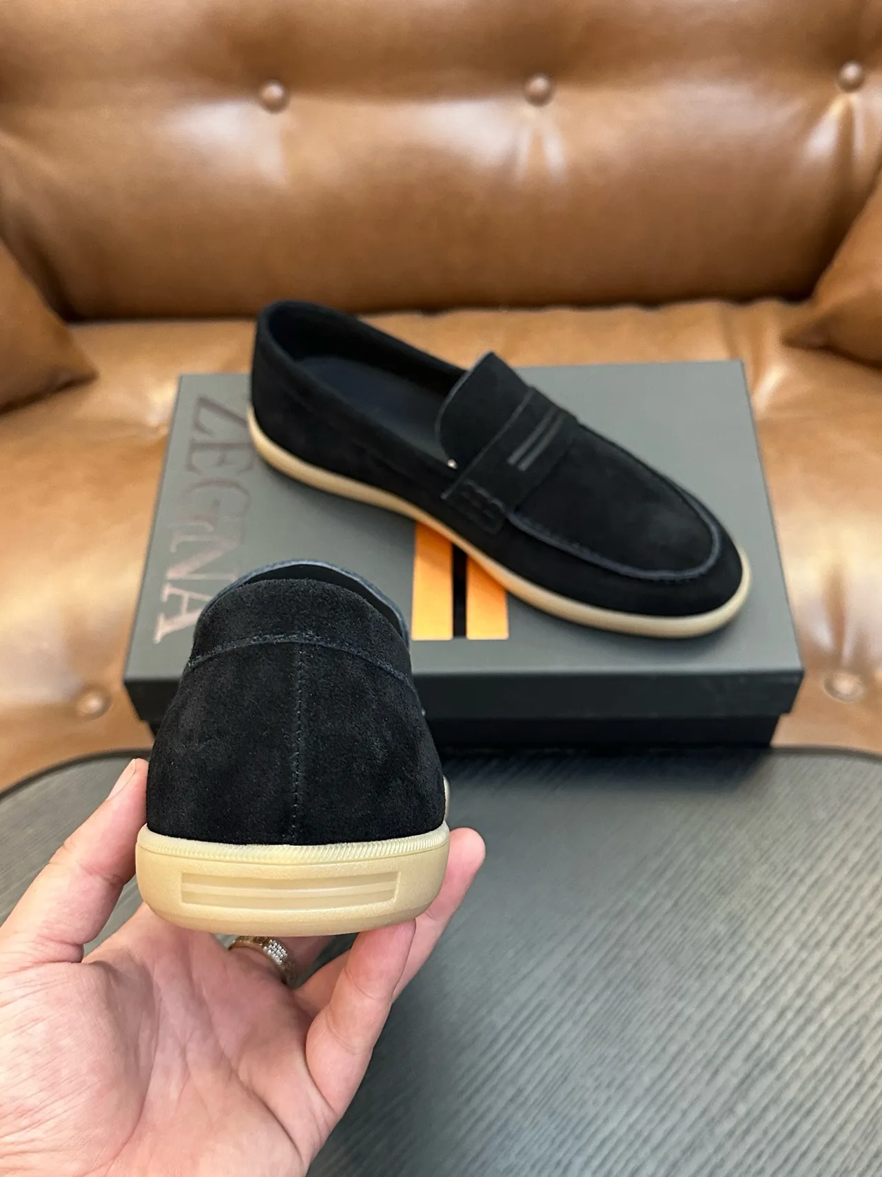 Zegna Noir Beige Daim Supérieur Penny Strap Loafer 2