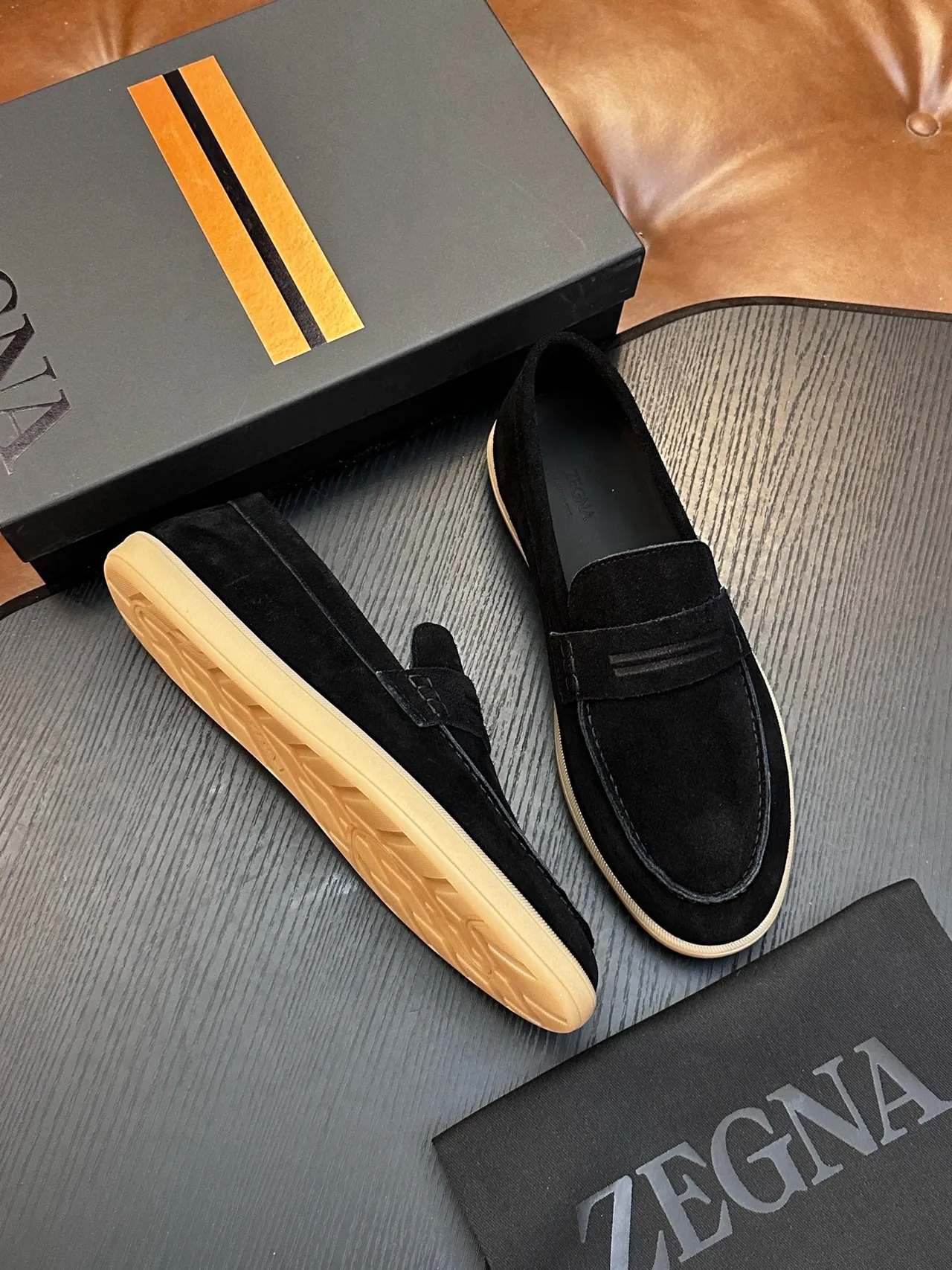 Zegna Noir Beige Daim Supérieur Penny Strap Loafer 5