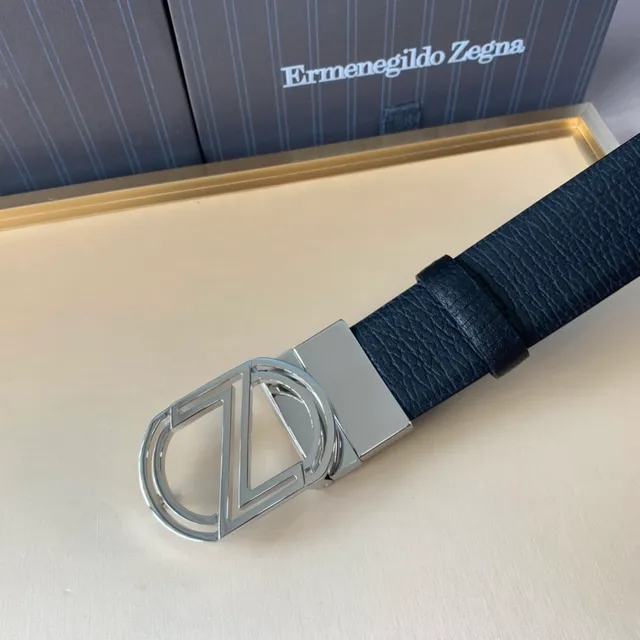 Zegna Ceinture en Cuir Noir Argenté Texturée Grainée Poli Hardware 4