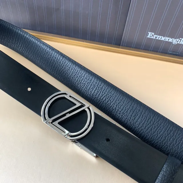 Zegna Ceinture en Cuir Noir Argenté Texturée Grainée Poli Hardware 5