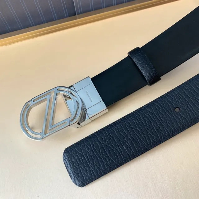 Zegna Ceinture en Cuir Noir Argenté Texturée Grainée Poli Hardware 6