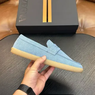 Zegna Blue Beige Denim Upper Penny Strap Loafer