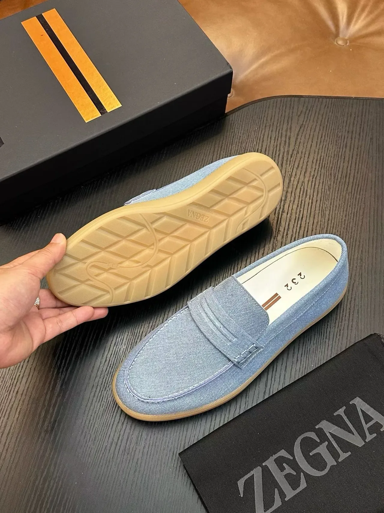 Zegna Blue Beige Denim Upper Penny Strap Loafer 2
