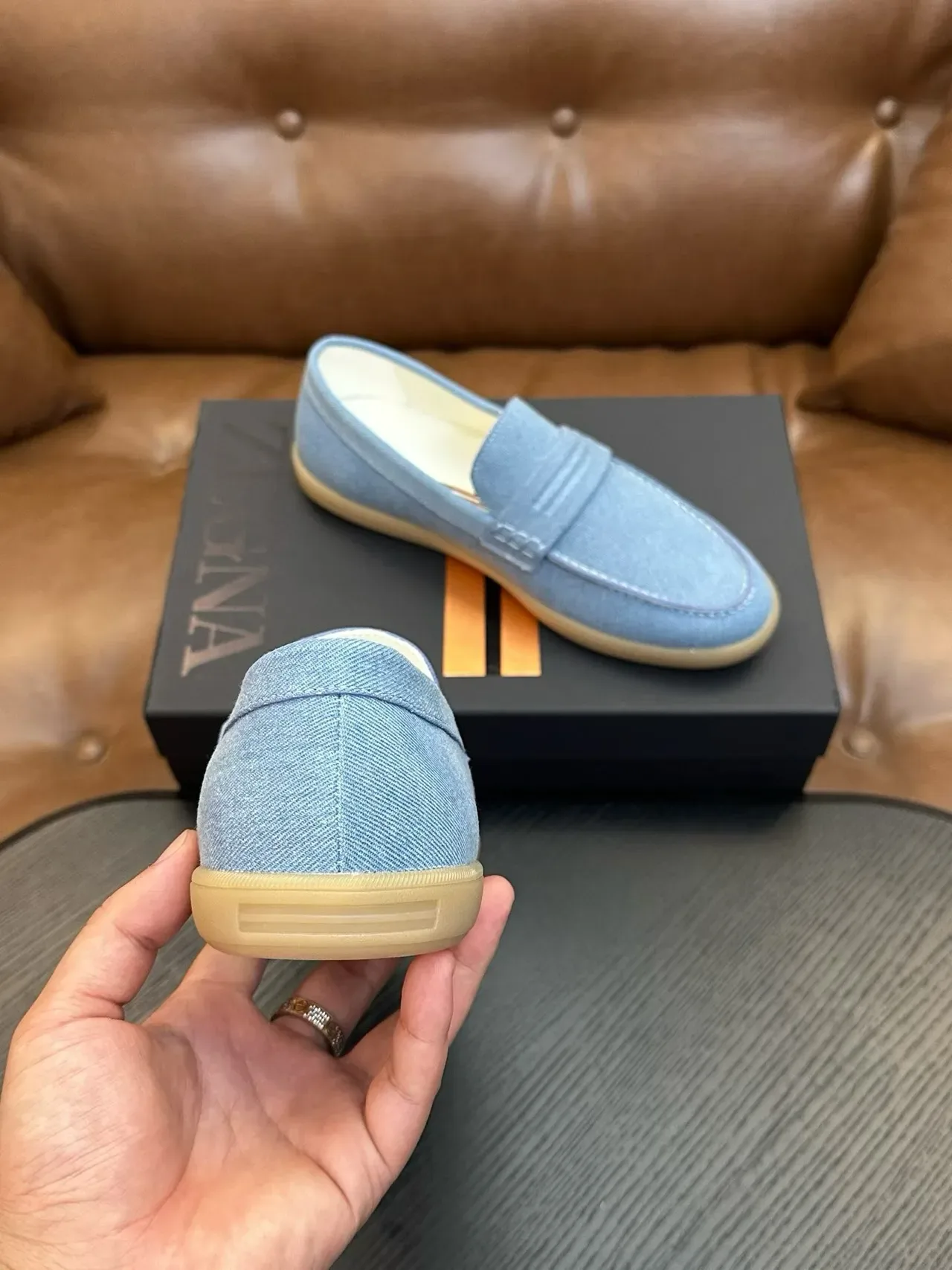 Zegna Blue Beige Denim Upper Penny Strap Loafer 3