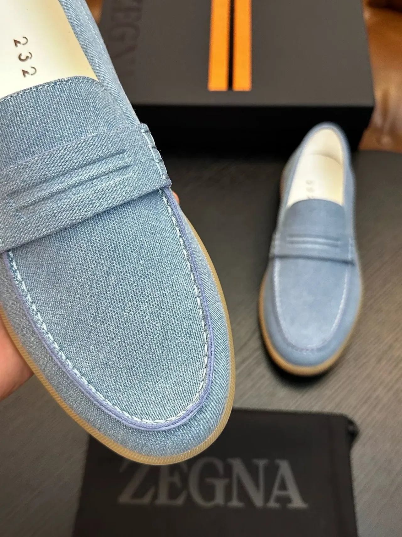 Zegna Blue Beige Denim Upper Penny Strap Loafer 4