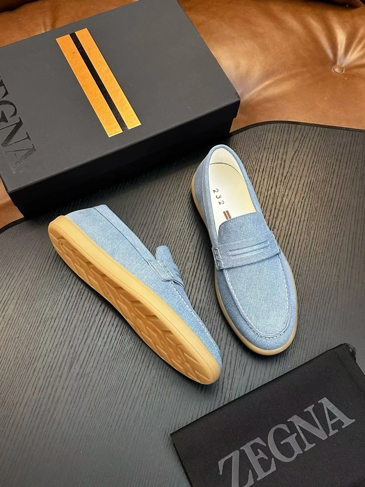 Zegna Blue Beige Denim Upper Penny Strap Loafer 5