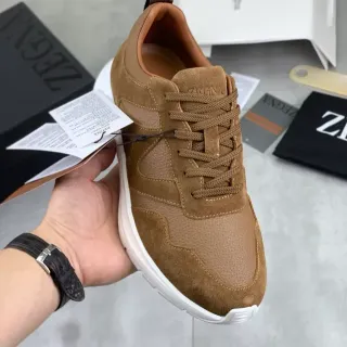 Zegna Brown Beige Mixed Suede And Pebbled Leather Upper Tonal Stitching Lifestyle Sneakers