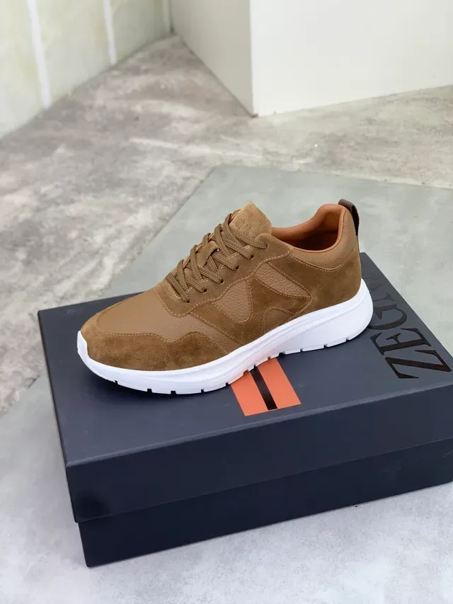 Zegna Brown Beige Mixed Suede And Pebbled Leather Upper Tonal Stitching Lifestyle Sneakers 4