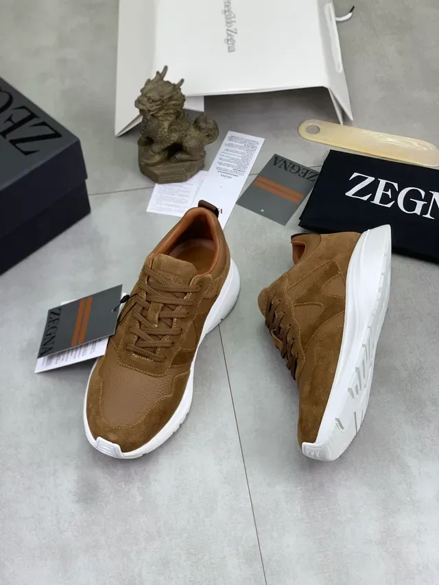 Zegna Brown Beige Mixed Suede And Pebbled Leather Upper Tonal Stitching Lifestyle Sneakers 5