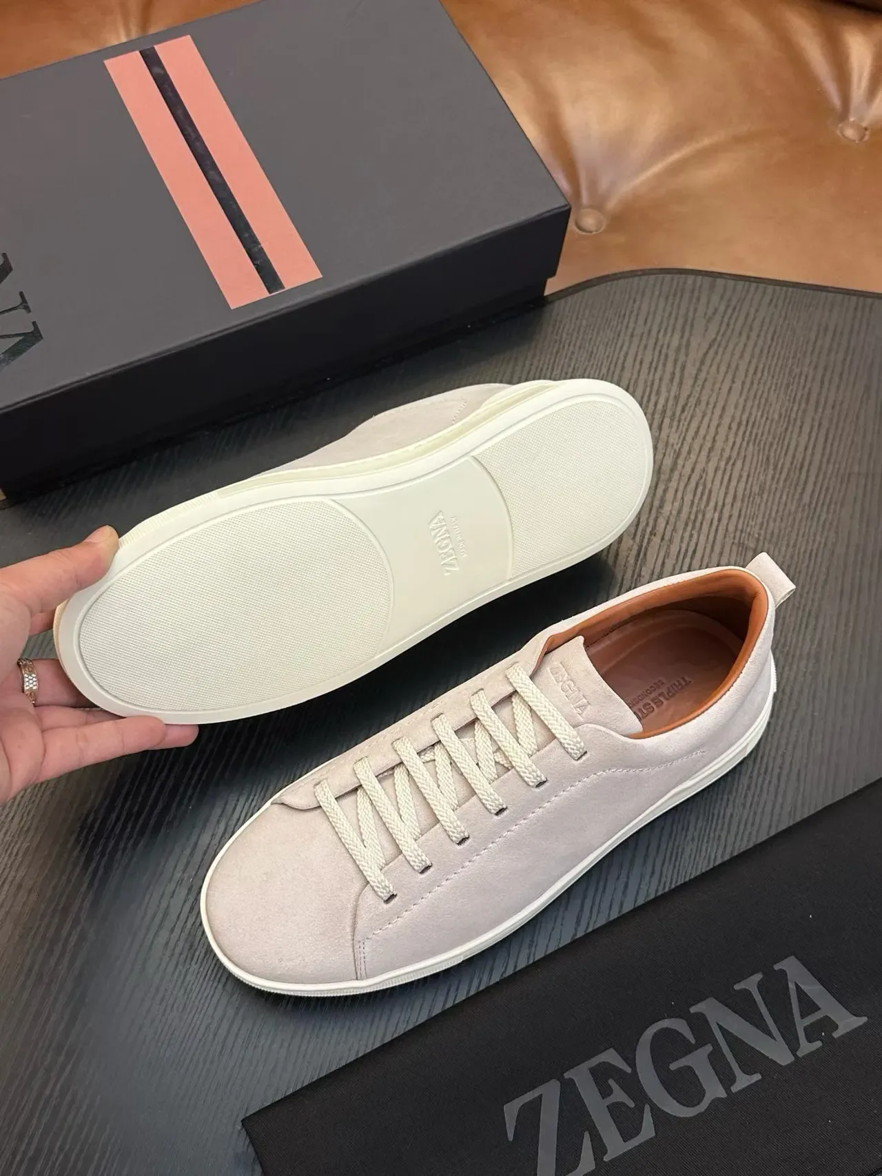 Zegna Gray Beige Suede Upper Minimalist Lace-Up Sneakers 2