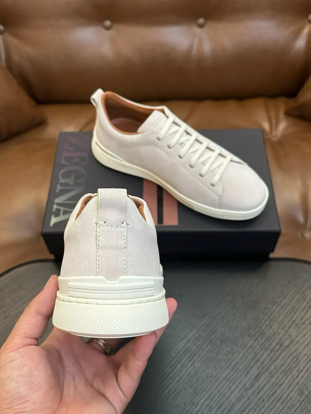 Zegna Gray Beige Suede Upper Minimalist Lace-Up Sneakers 3