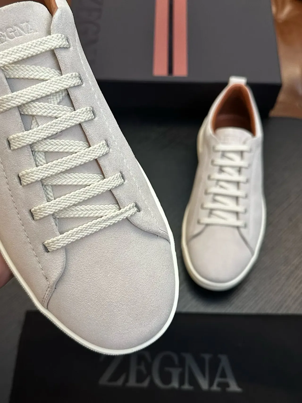 Zegna Gray Beige Suede Upper Minimalist Lace-Up Sneakers 4