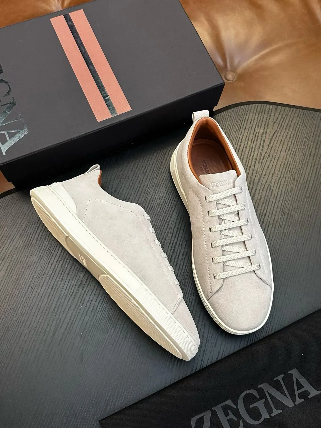 Zegna Gray Beige Suede Upper Minimalist Lace-Up Sneakers 5