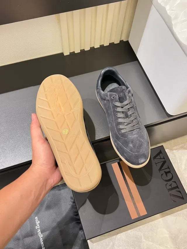 Zegna Gris Bleu Ante Partie Supérieure Contraste Étiquette Talon Bleu Marine Chaussures Lifestyle 3