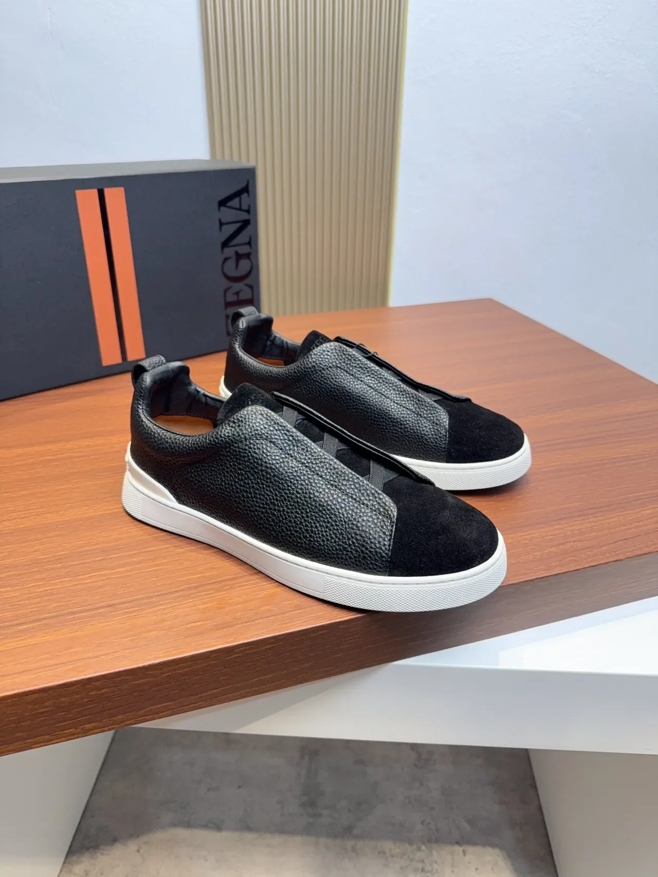 Zegna Laceless Slip-On Black Suede and Pebbled Leather Lifestyle Sneakers 4