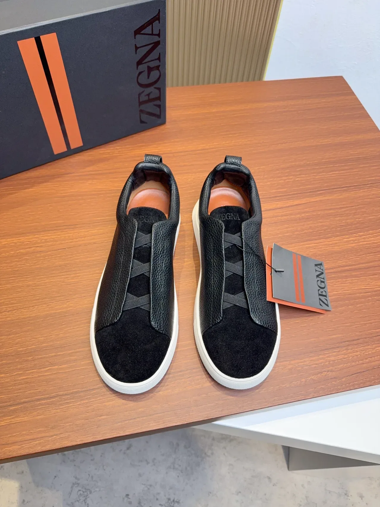 Zegna Laceless Slip-On Black Suede and Pebbled Leather Lifestyle Sneakers 5