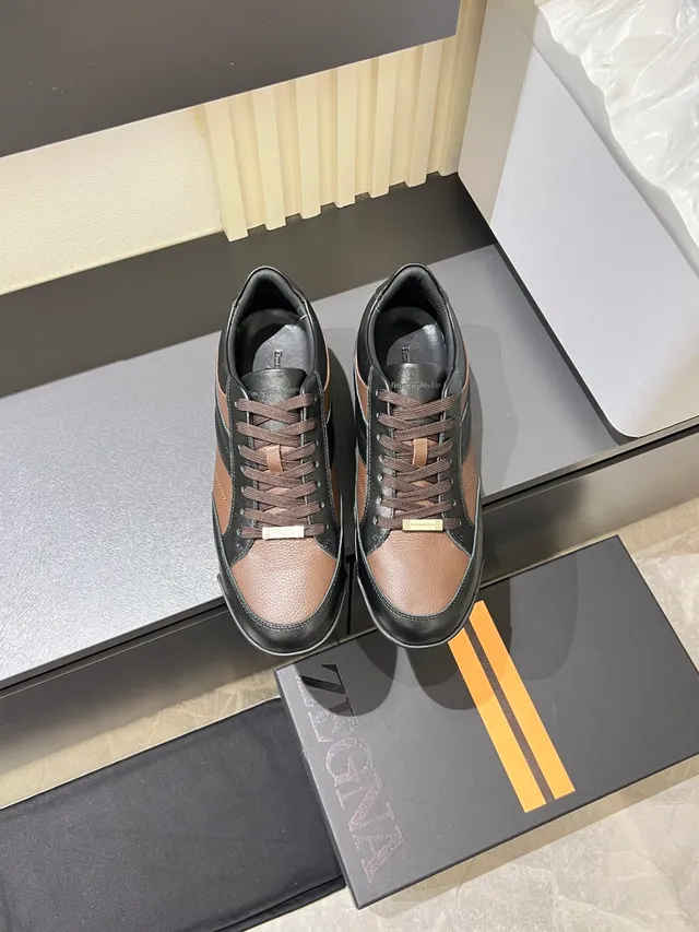 Zegna Oasi Chaussures lifestyle noires et brunes à deux tons en cuir à panneaux 5