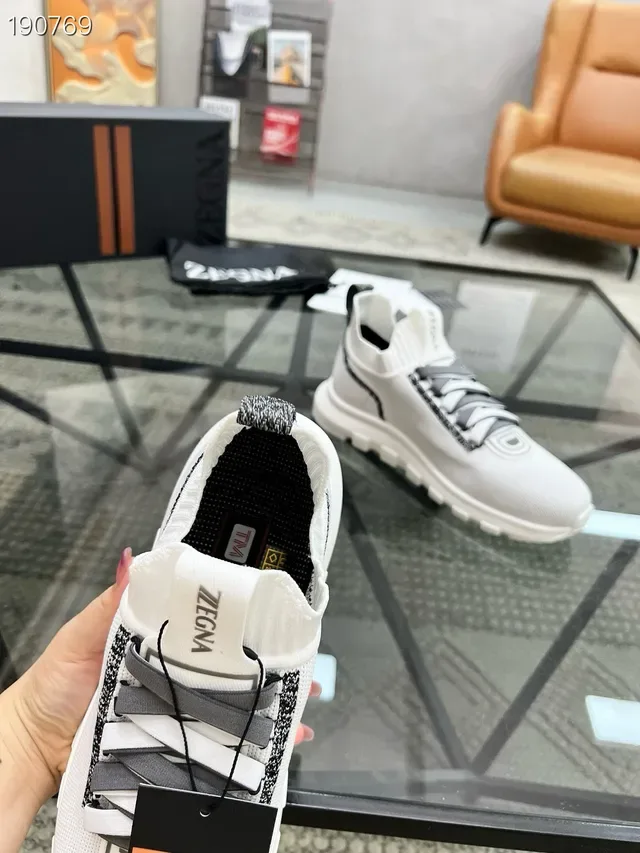 Zegna Oasi Blanc Gris Tricoté Ajusté Supérieur Système De Lacets Intégré Sneakers Lifestyle 3