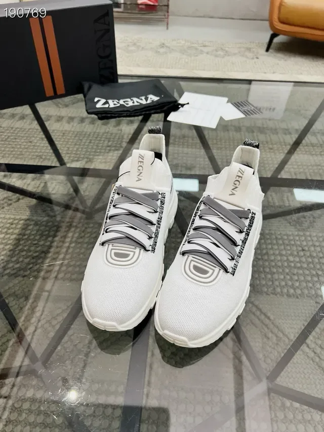 Zegna Oasi Blanc Gris Tricoté Ajusté Supérieur Système De Lacets Intégré Sneakers Lifestyle 7
