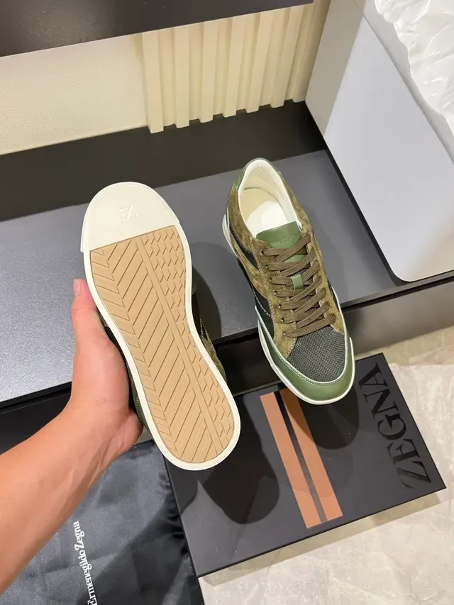 Zegna Olive Green Suede and Mesh Low-Top Lifestyle Sneakers 3