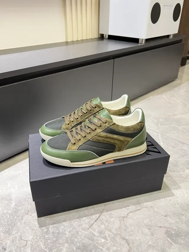 Zegna Olive Green Suede and Mesh Low-Top Lifestyle Sneakers 4