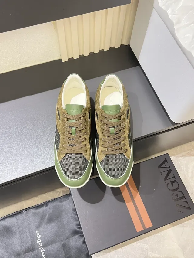 Zegna Olive Green Suede and Mesh Low-Top Lifestyle Sneakers 5