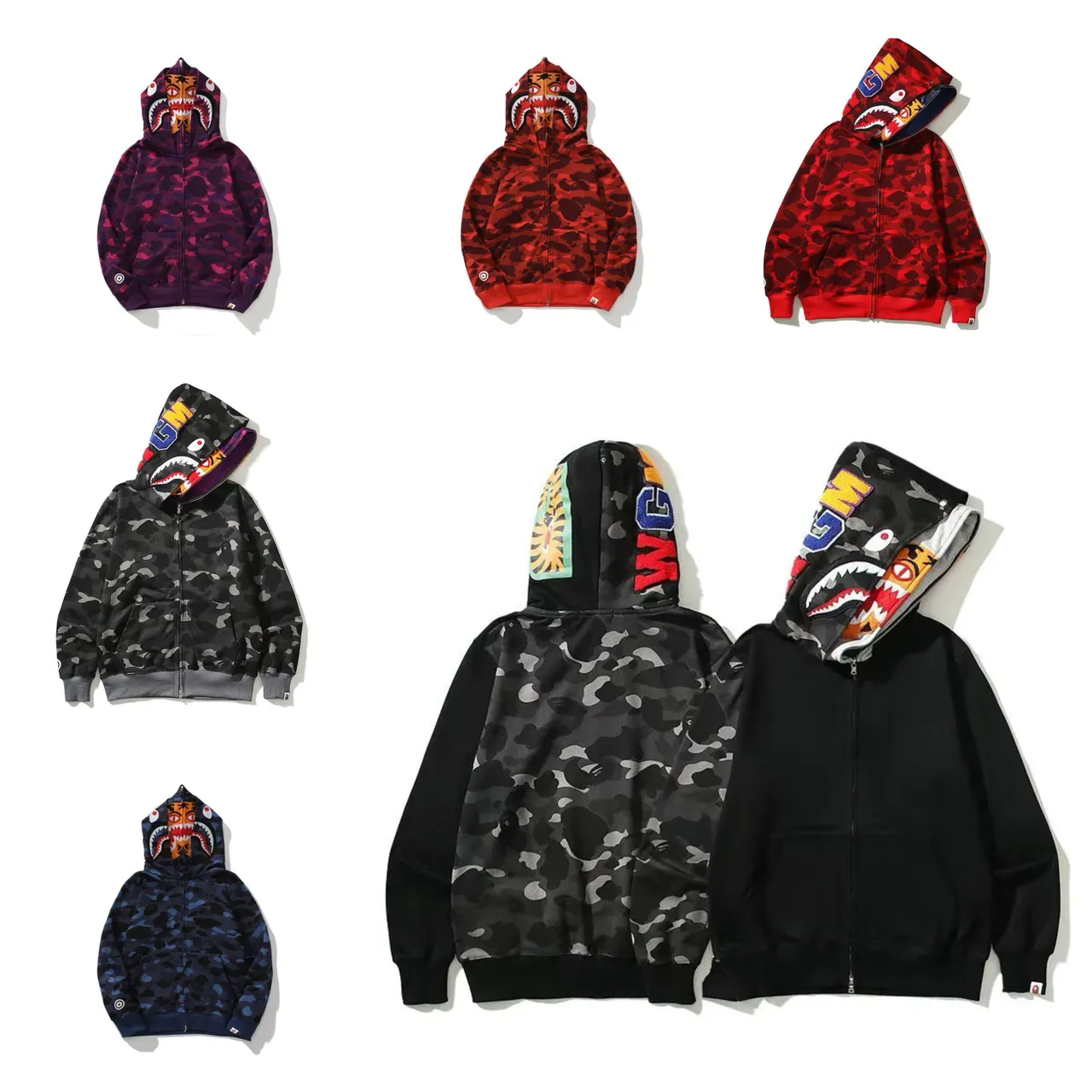 A Bathing Ape Shark Purple Multicolor Full-Zip Hood Appliqué Hoodie 1