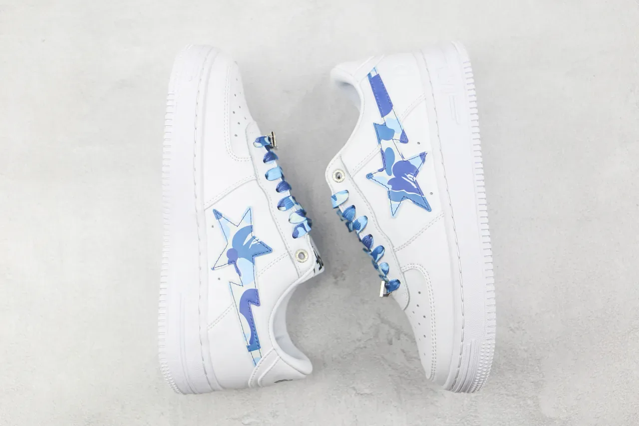 A Bathing Ape White Blue Leather Upper Camo Star Logo Lifestyle Sneakers 2