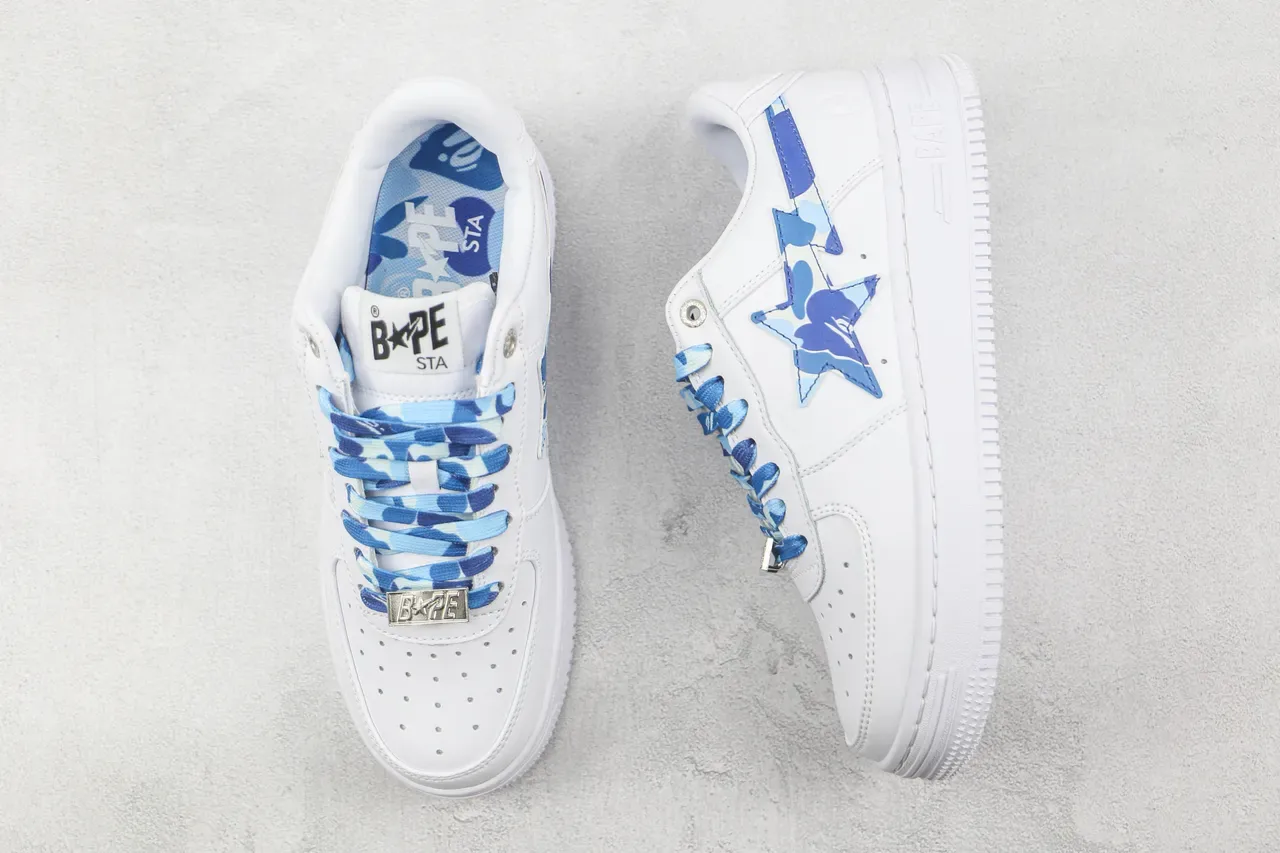 A Bathing Ape White Blue Leather Upper Camo Star Logo Lifestyle Sneakers 3