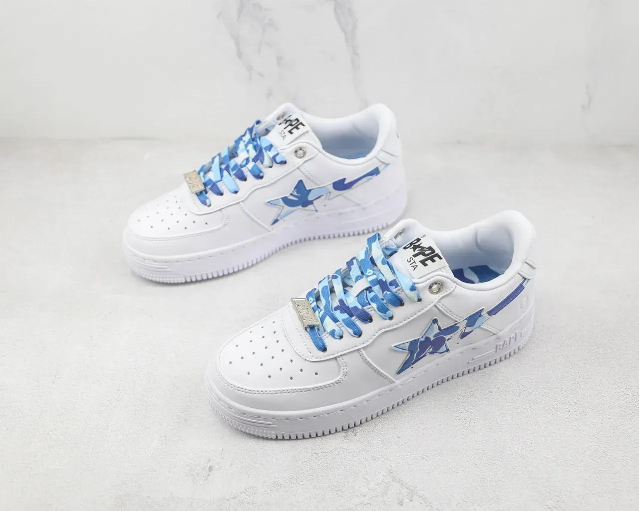 A Bathing Ape White Blue Leather Upper Camo Star Logo Lifestyle Sneakers 4