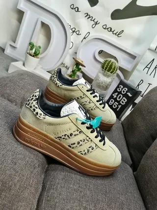 Adidas Beige Black Leopard-Print Overlays Suede Upper Lifestyle Sneakers 9