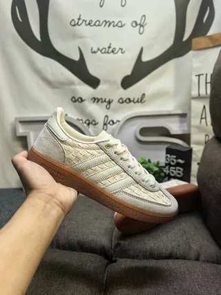 Adidas Beige Brown Woven Textile Upper Suede Overlays Lifestyle Sneakers 5