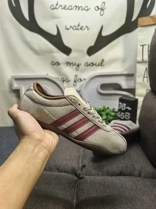 Adidas Beige Burgundy Suede Upper Three-Stripe Side Panel Lifestyle Sneakers 5