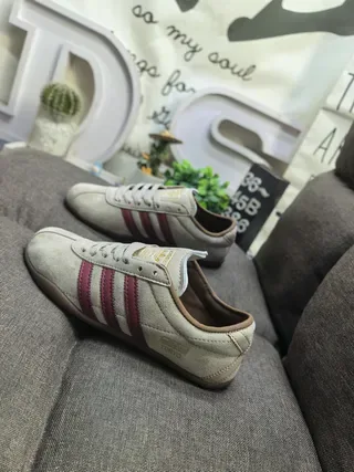 Adidas Beige Burgundy Suede Upper Three-Stripe Side Panel Lifestyle Sneakers 7