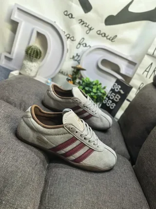 Adidas Beige Burgundy Suede Upper Three-Stripe Side Panel Lifestyle Sneakers 9