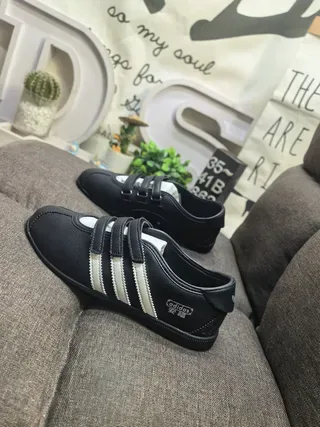 Adidas Black and Off-White Three-Stripe Laceless Velcro Strap Sneakers 7