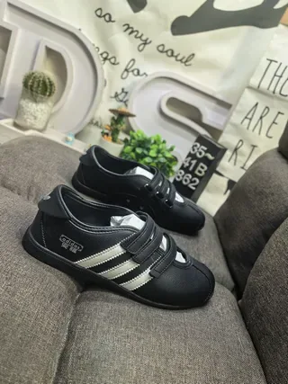 Adidas Black and Off-White Three-Stripe Laceless Velcro Strap Sneakers 9