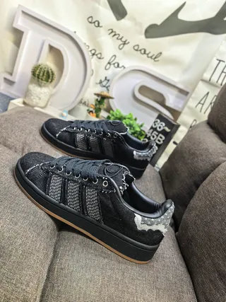 Adidas Black Brown Denim-Textured Upper Silver Reflective Stripes Lifestyle Sneakers 7