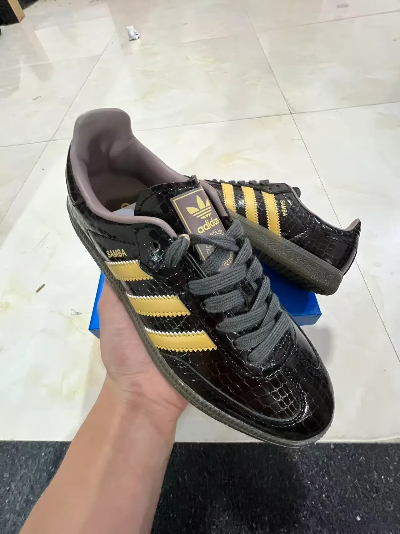 Adidas Black Gold Glossy Croc-Embossed Upper Serrated Three Stripes Lifestyle Sneakers 2