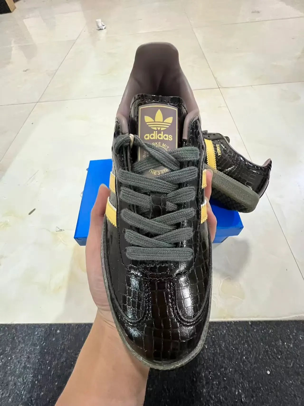 Adidas Black Gold Glossy Croc-Embossed Upper Serrated Three Stripes Lifestyle Sneakers 3