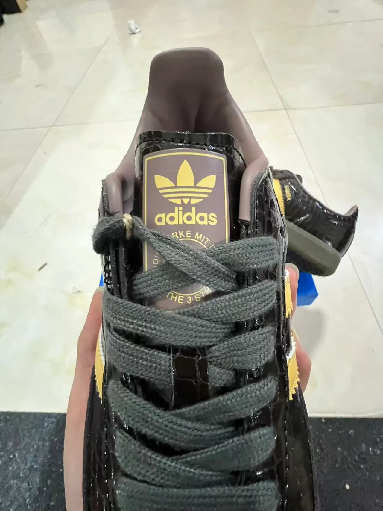 Adidas Black Gold Glossy Croc-Embossed Upper Serrated Three Stripes Lifestyle Sneakers 4