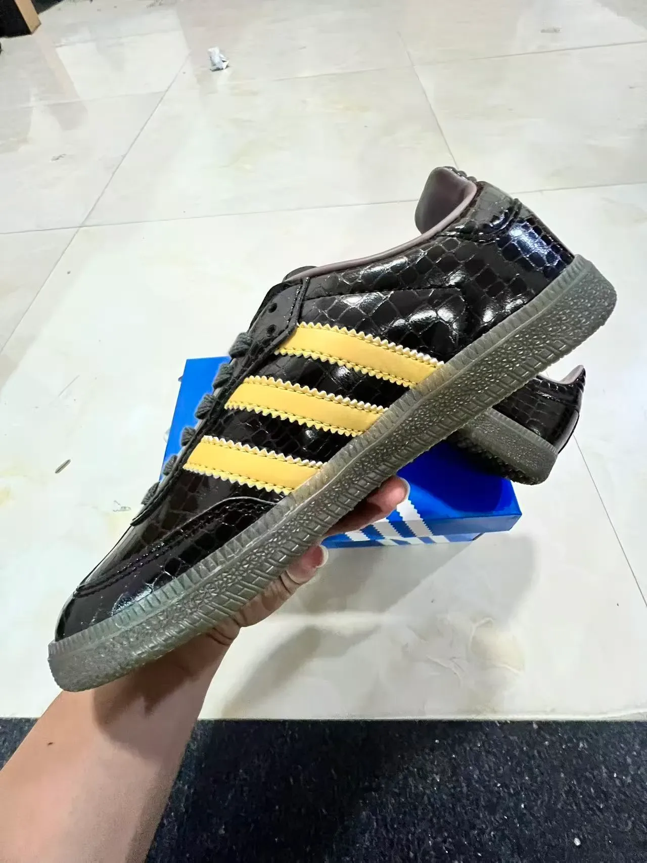 Adidas Black Gold Glossy Croc-Embossed Upper Serrated Three Stripes Lifestyle Sneakers 5