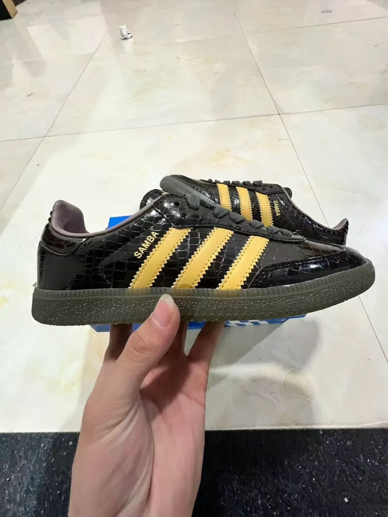 Adidas Black Gold Glossy Croc-Embossed Upper Serrated Three Stripes Lifestyle Sneakers 7